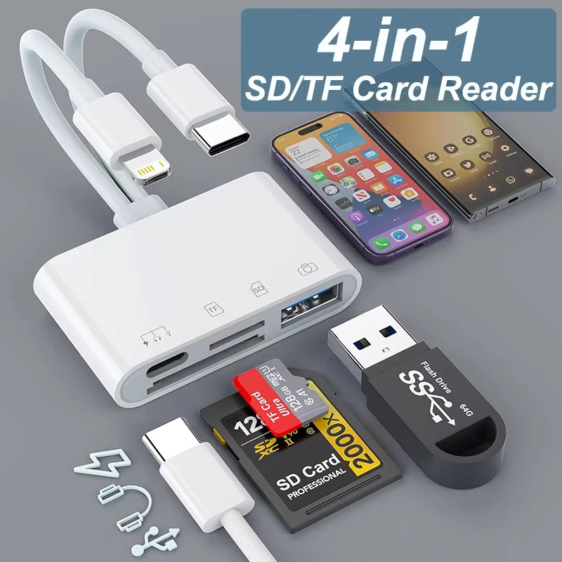 4 in 1 OTG Card Reader Type C to SD TF Memory Card Adapter for Iphone PC Laptop Multi Smart Card Reader No APP Requires